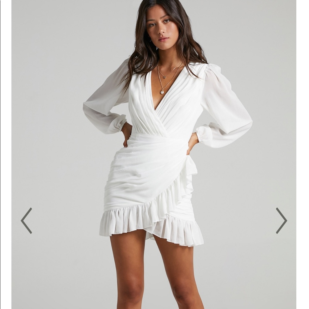 White Plunge Balloon Sleeve Mini Dress